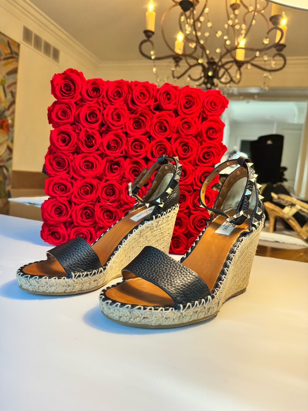 Authentic Valentino Garavani Black Wedge Espadrille Sandals with Ankle Straps